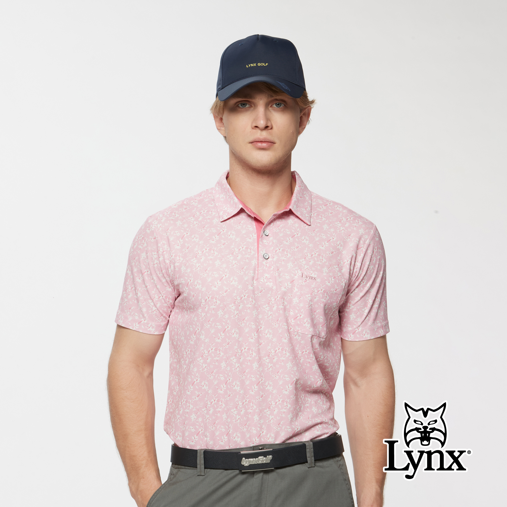 男款吸濕排汗滿版花草印花胸袋款短袖POLO衫