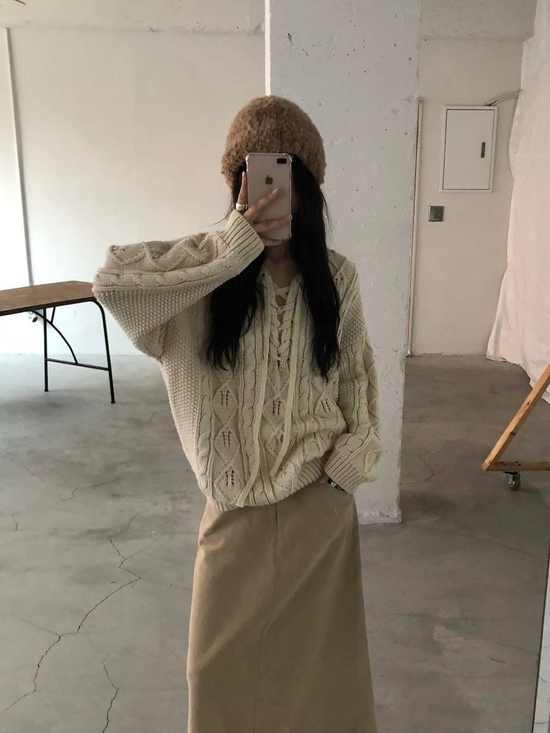 H1021🤎綁帶 V 領麻花針織上衣