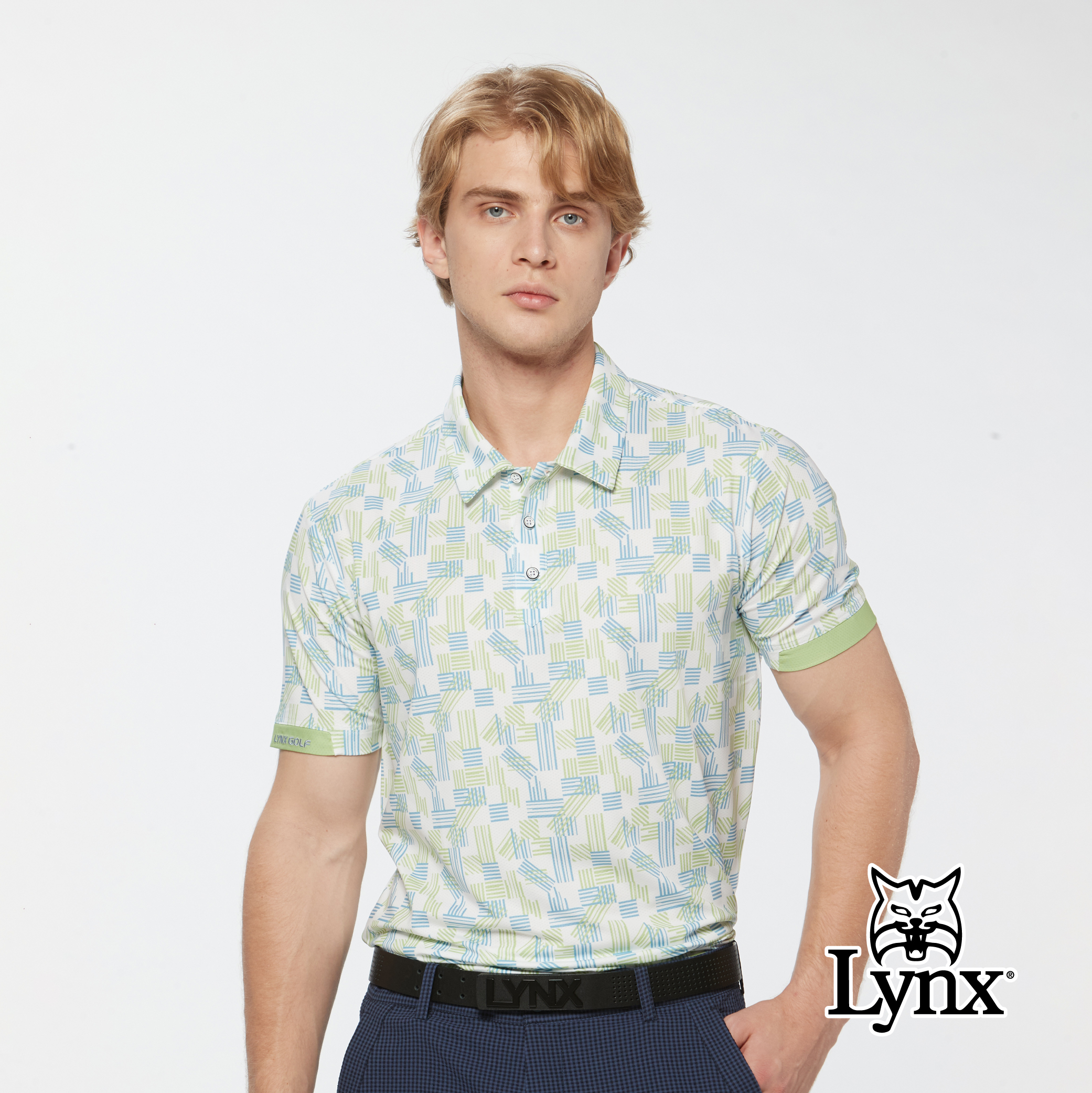 男款吸濕排汗幾何線條印花袖剪接短袖POLO衫