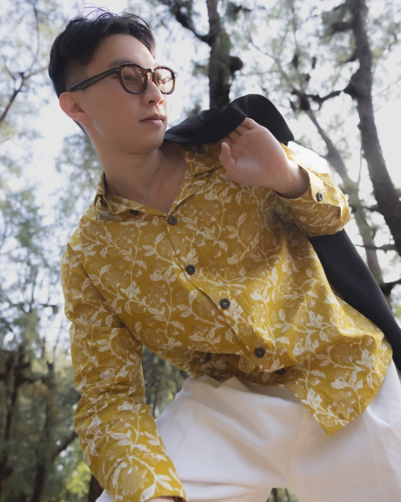 印度蓋染工藝純棉 長袖襯衫 - 秋香黃