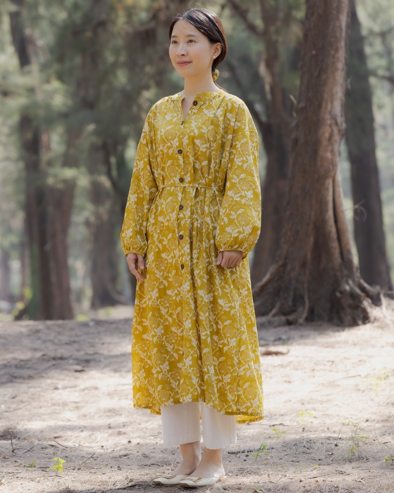 印度蓋染工藝純棉 長袖長版洋裝/罩衫 - 秋香黃