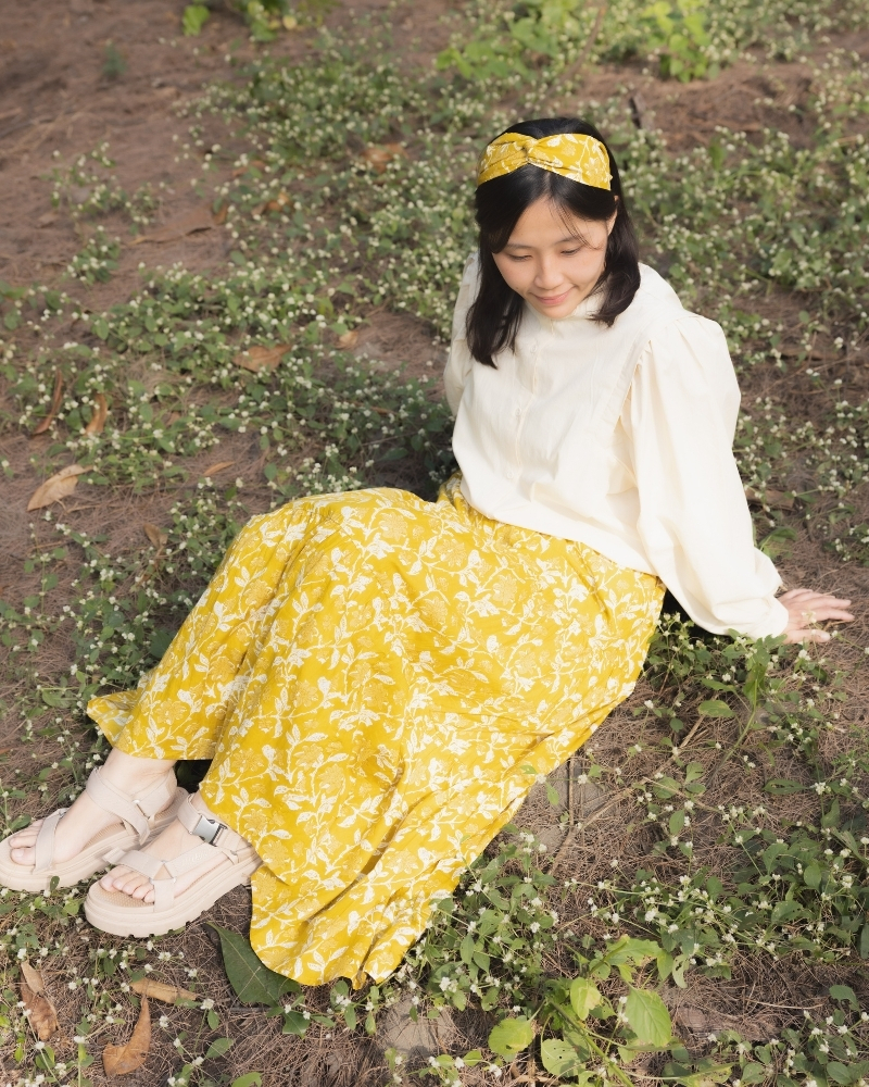 印度蓋染工藝純棉 蛋糕裙 - 秋香黃