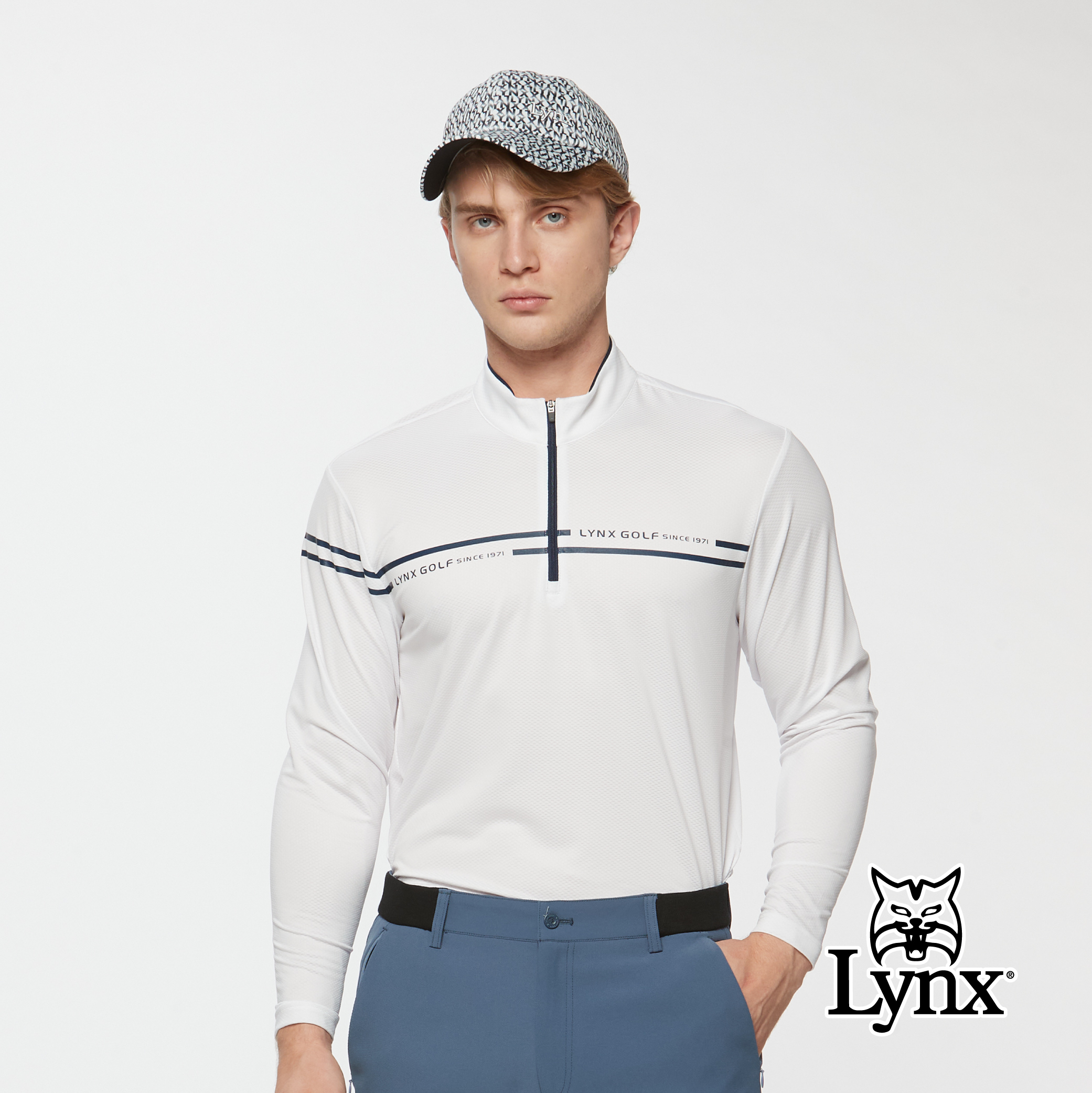 男款吸濕排汗極簡風格水波紋拉鍊長袖POLO衫