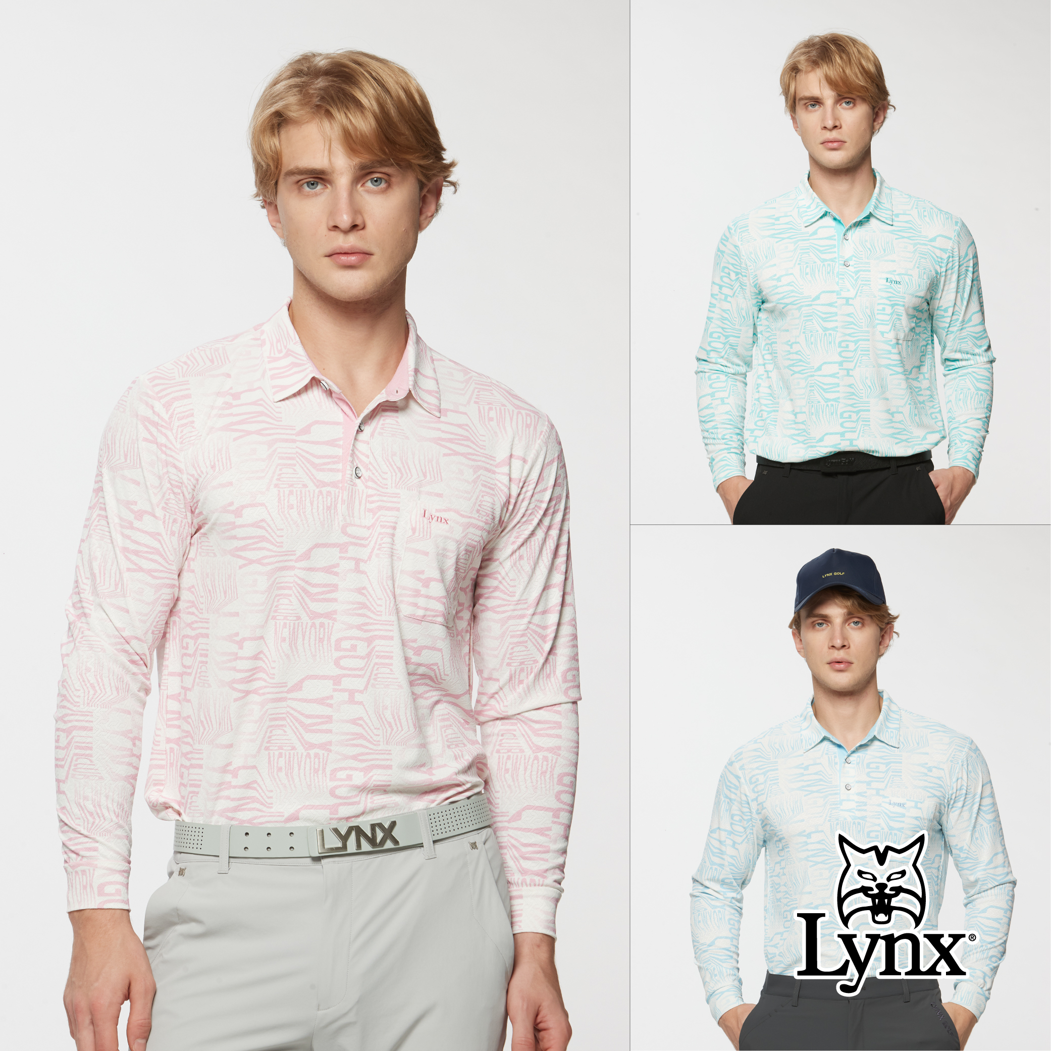 男款吸排冰絲緹花Lynx Golf變形字樣長袖POLO衫