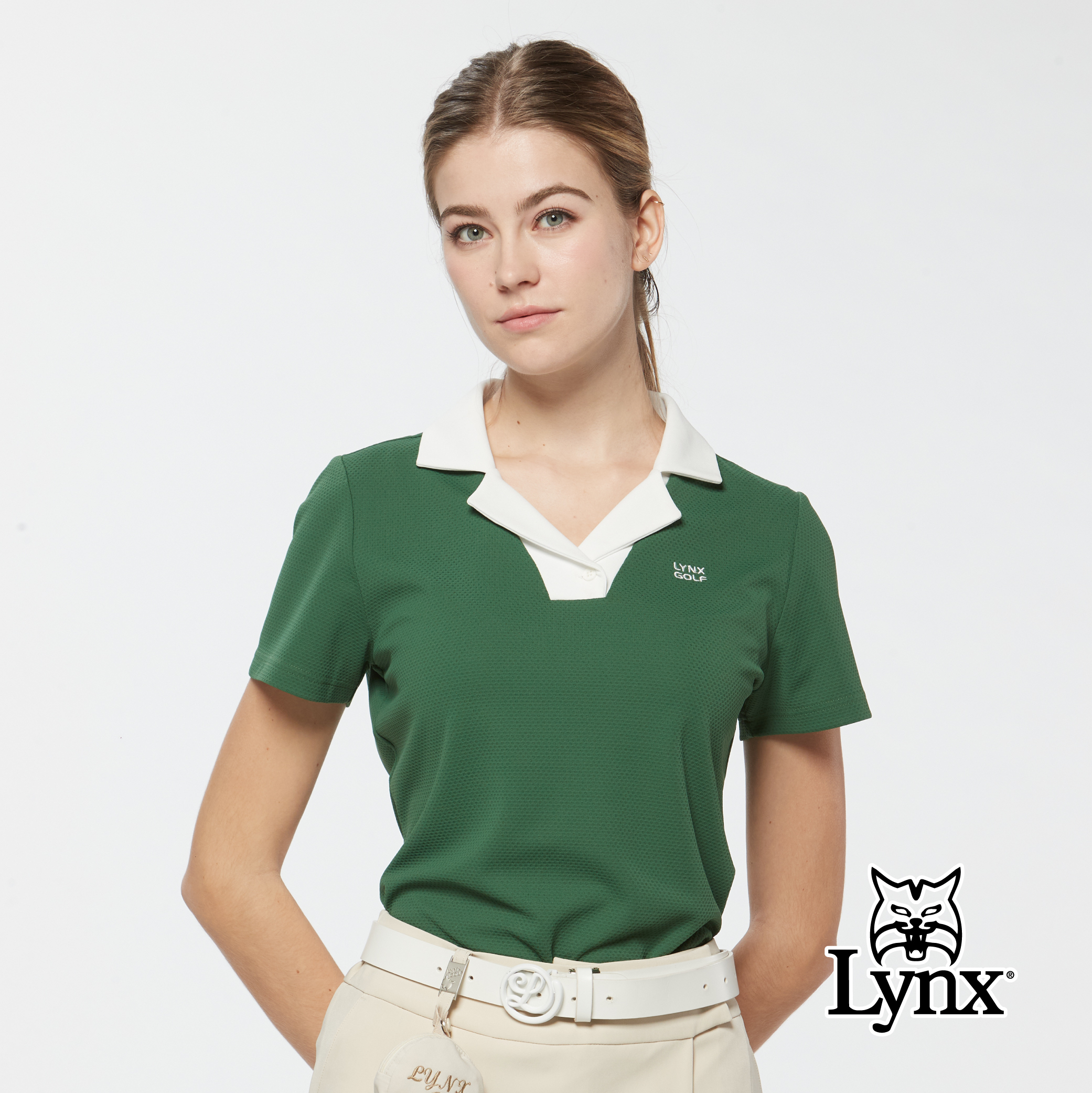 女款合身版吸濕排汗涼感彈性特殊領型短袖POLO衫/高爾夫球衫