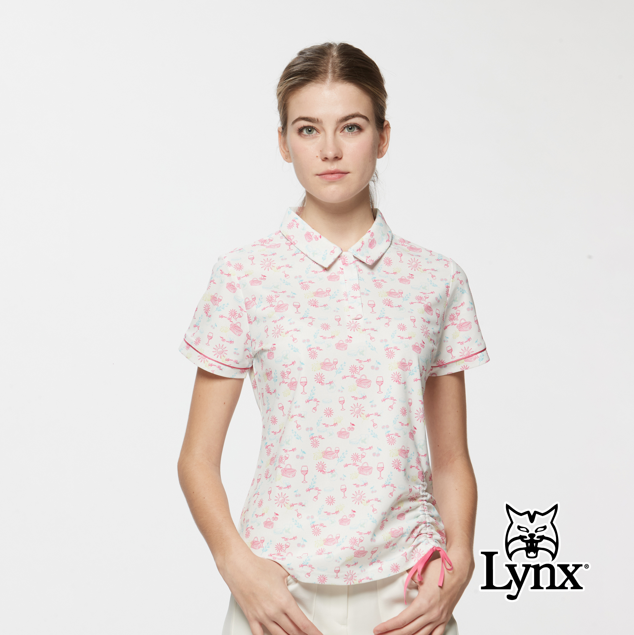 女款吸濕排汗滿版野餐氛圍印花下擺抽繩短袖POLO衫