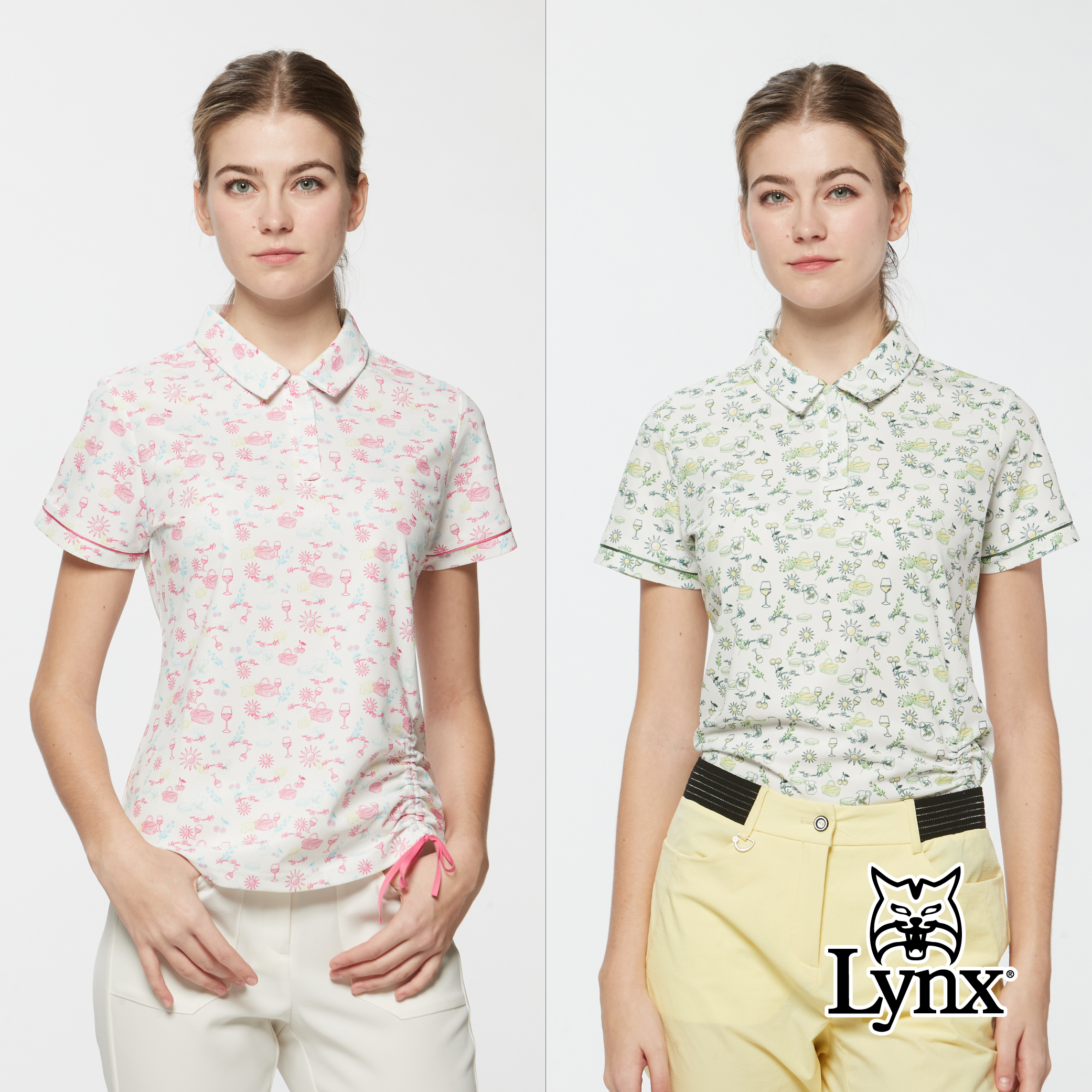 女款吸濕排汗滿版野餐氛圍印花下擺抽繩短袖POLO衫