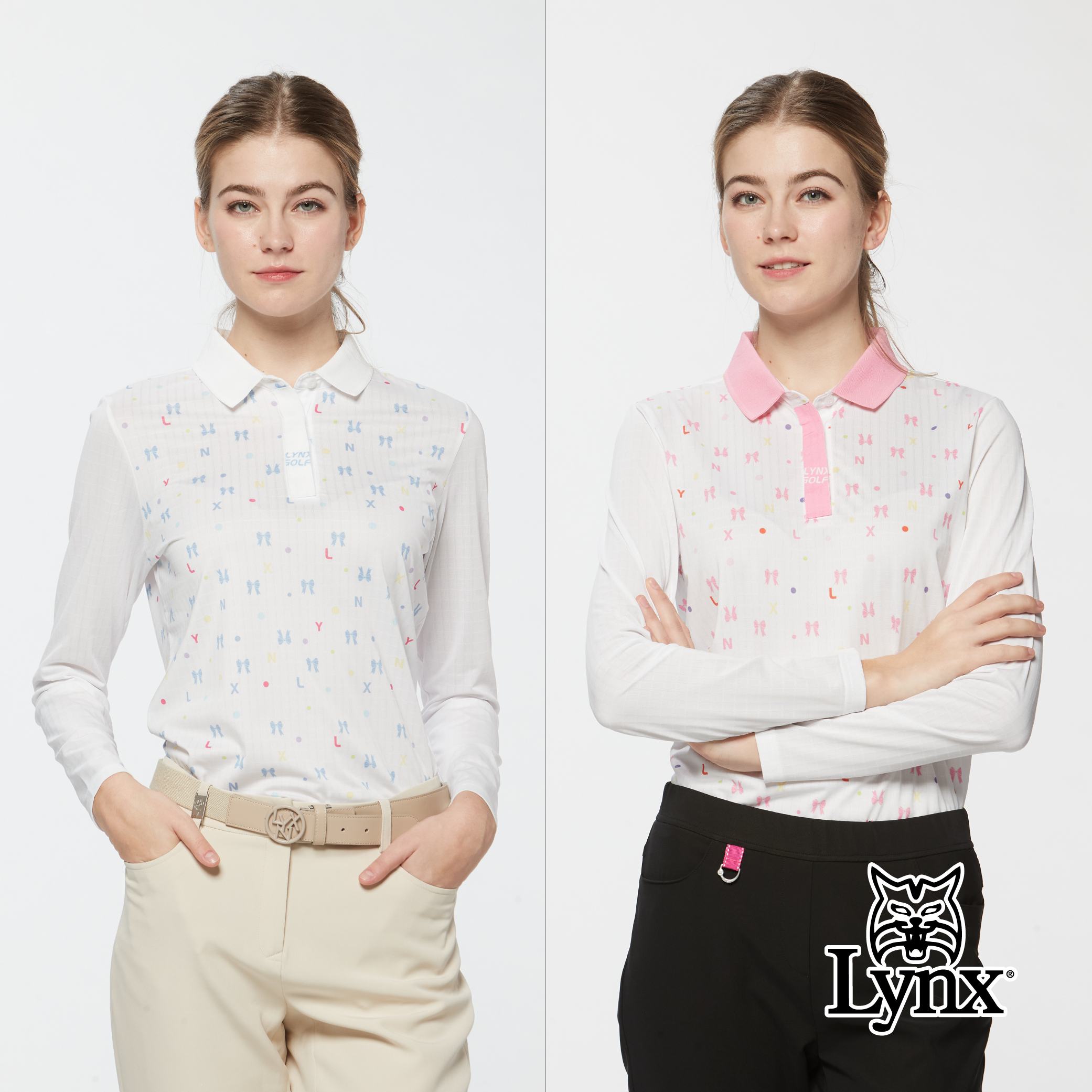 女款吸排小方格蝴蝶結印花下擺開杈長袖POLO衫