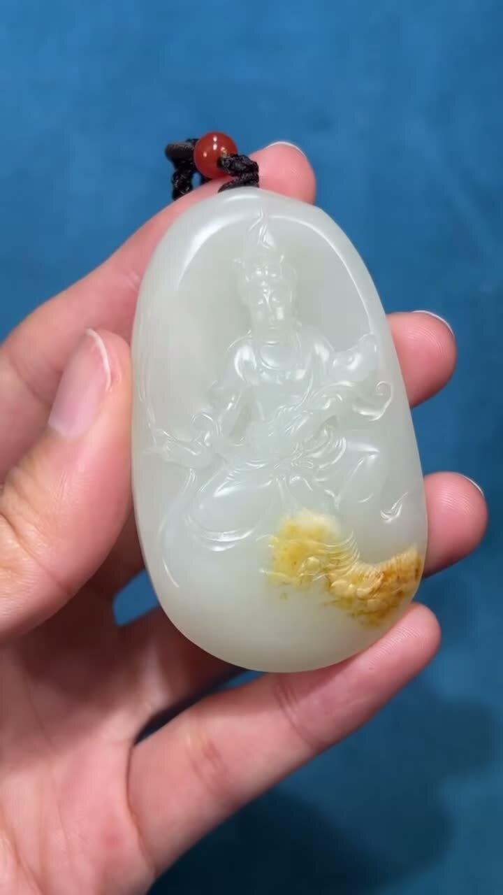 和田玉籽料普賢菩薩黃皮玉牌,天然和田玉軟玉