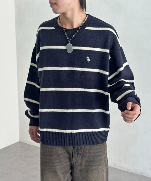 【OWN】U.S POLO 針織 上衣 線條 日本 薄款 長袖 不分男女 藍色 條紋