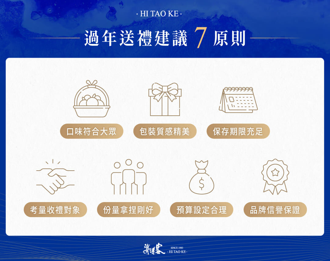 過年送禮建議 7原則：口味大眾、包裝精美、保存期限、考慮對象、份量拿捏、預算合理、品牌保證