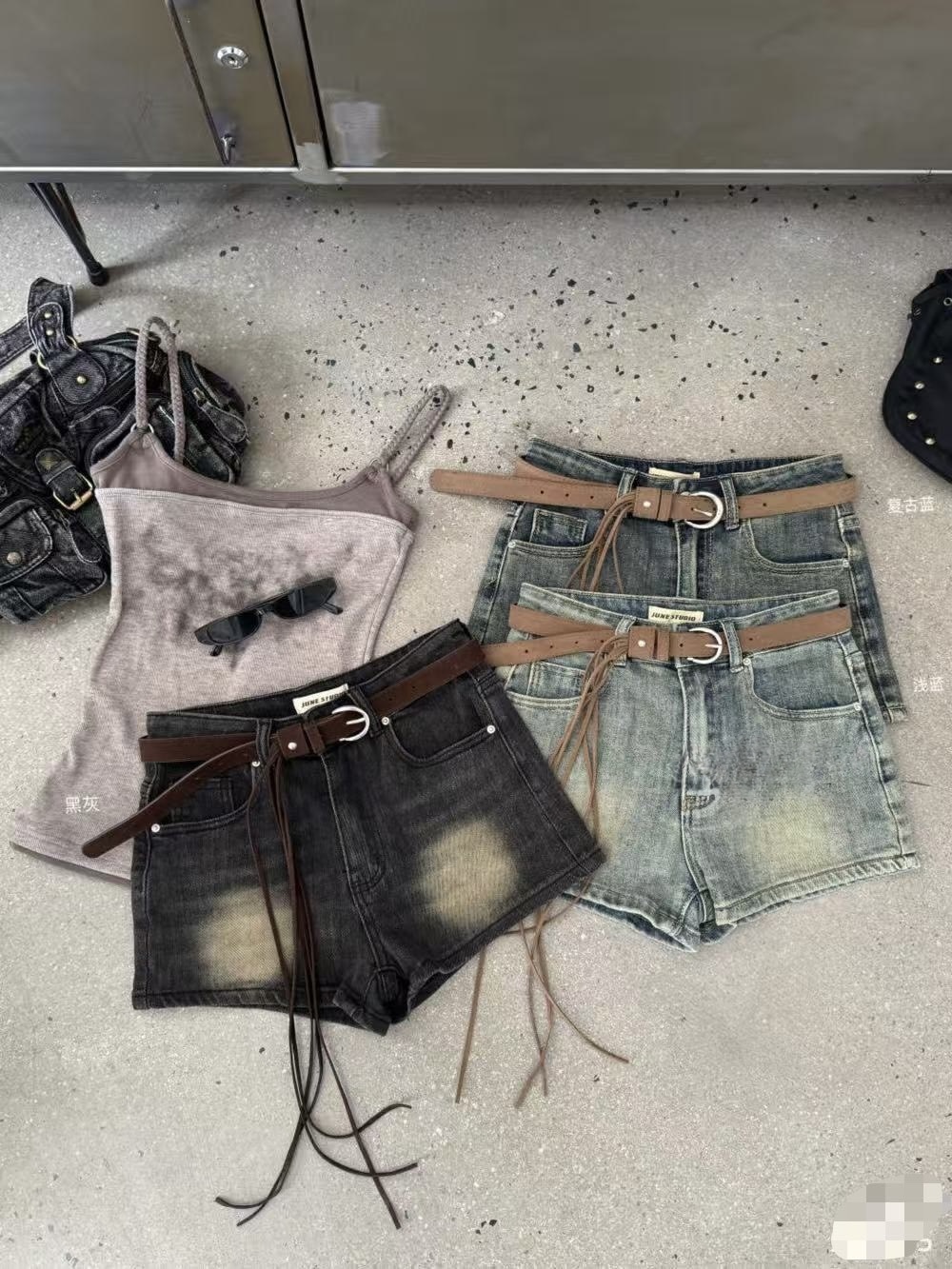A119 現貨復古刷舊附腰帶牛仔短褲