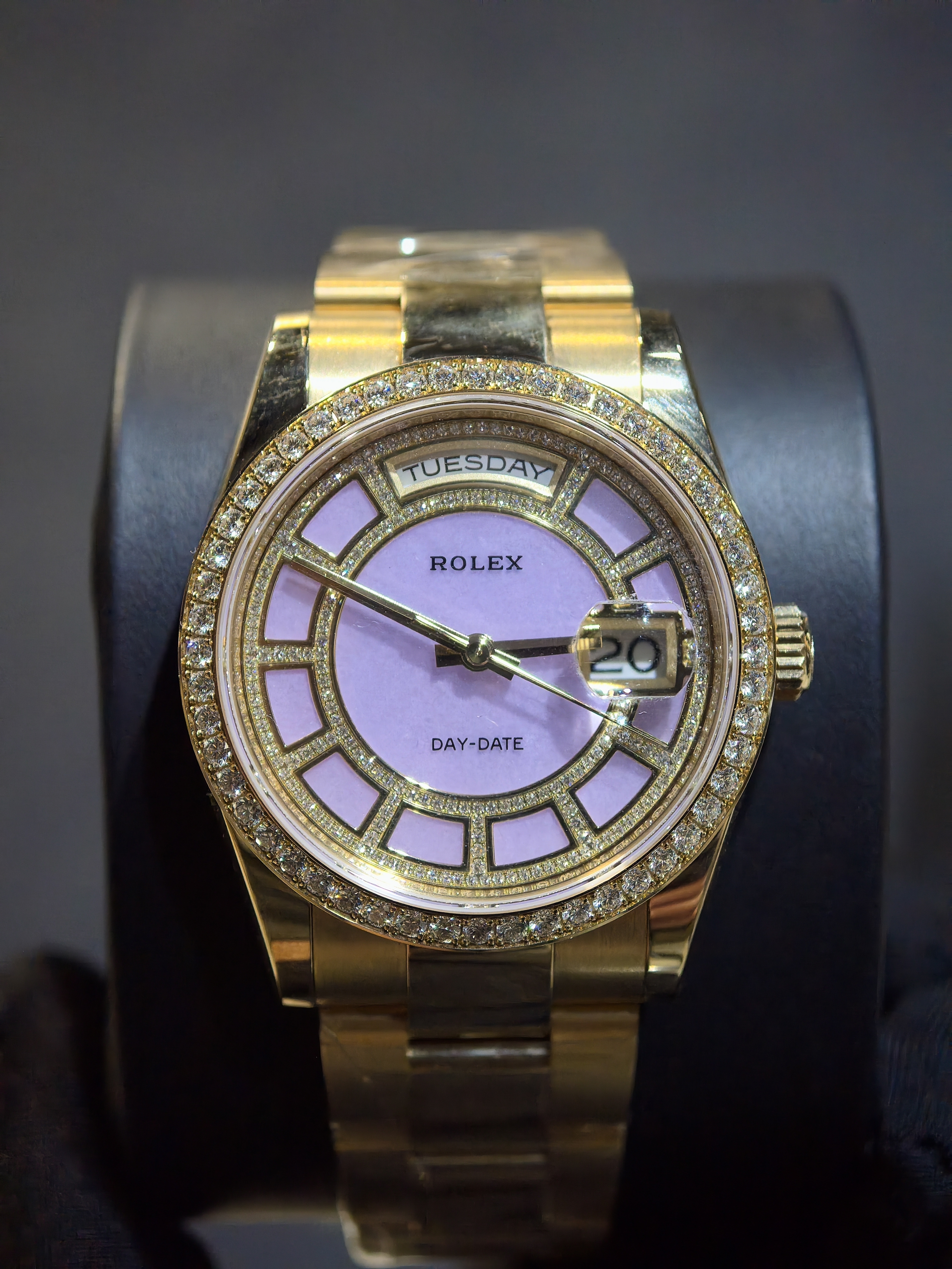 BRAND NEW ROLEX 118348 PURPLE DIAMOND SET DIAL DAY-DATE YELLOW GOLD PRESIDENT 36 MM