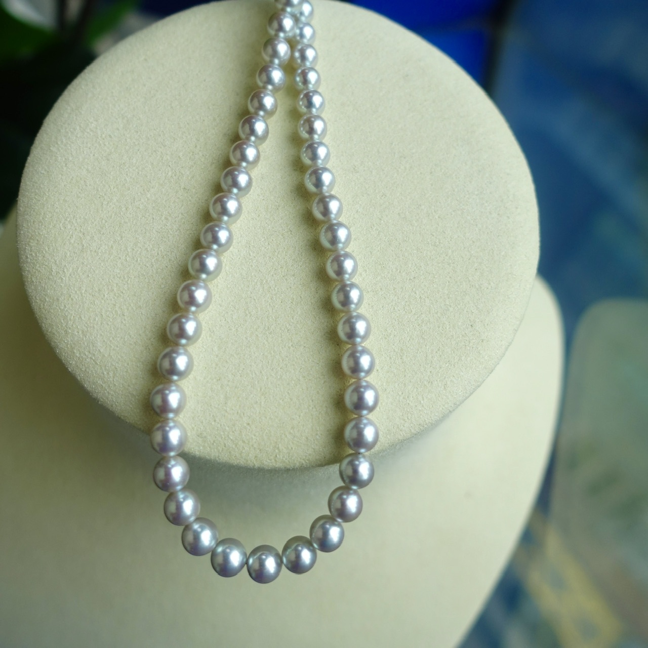 極光彩雲珠 - 5.5-6mm天然銀藍色日本Akoya珍珠鍊 (配真科研證書)
