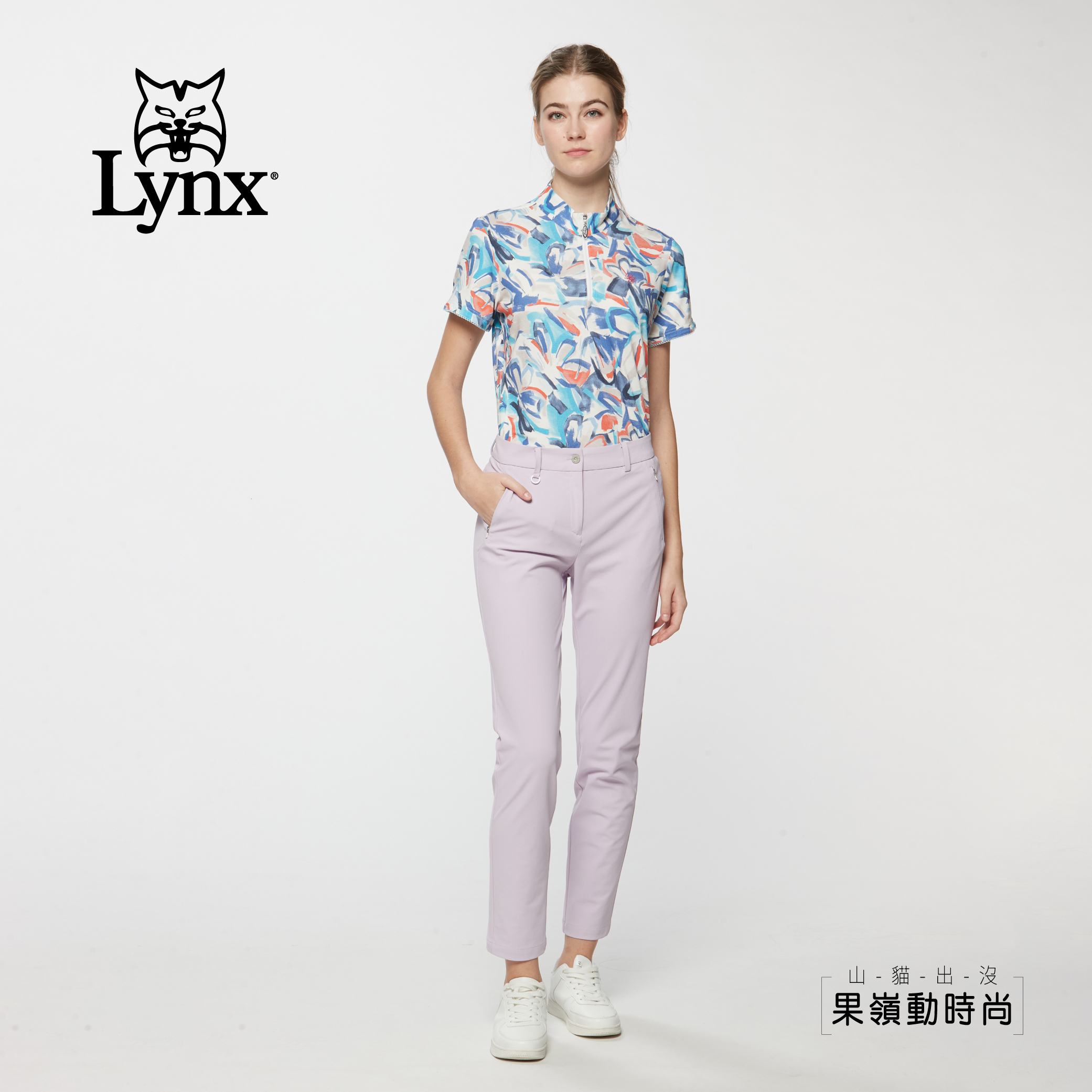 女款歐洲進口布料幾何印花下擺開杈立領短袖POLO衫