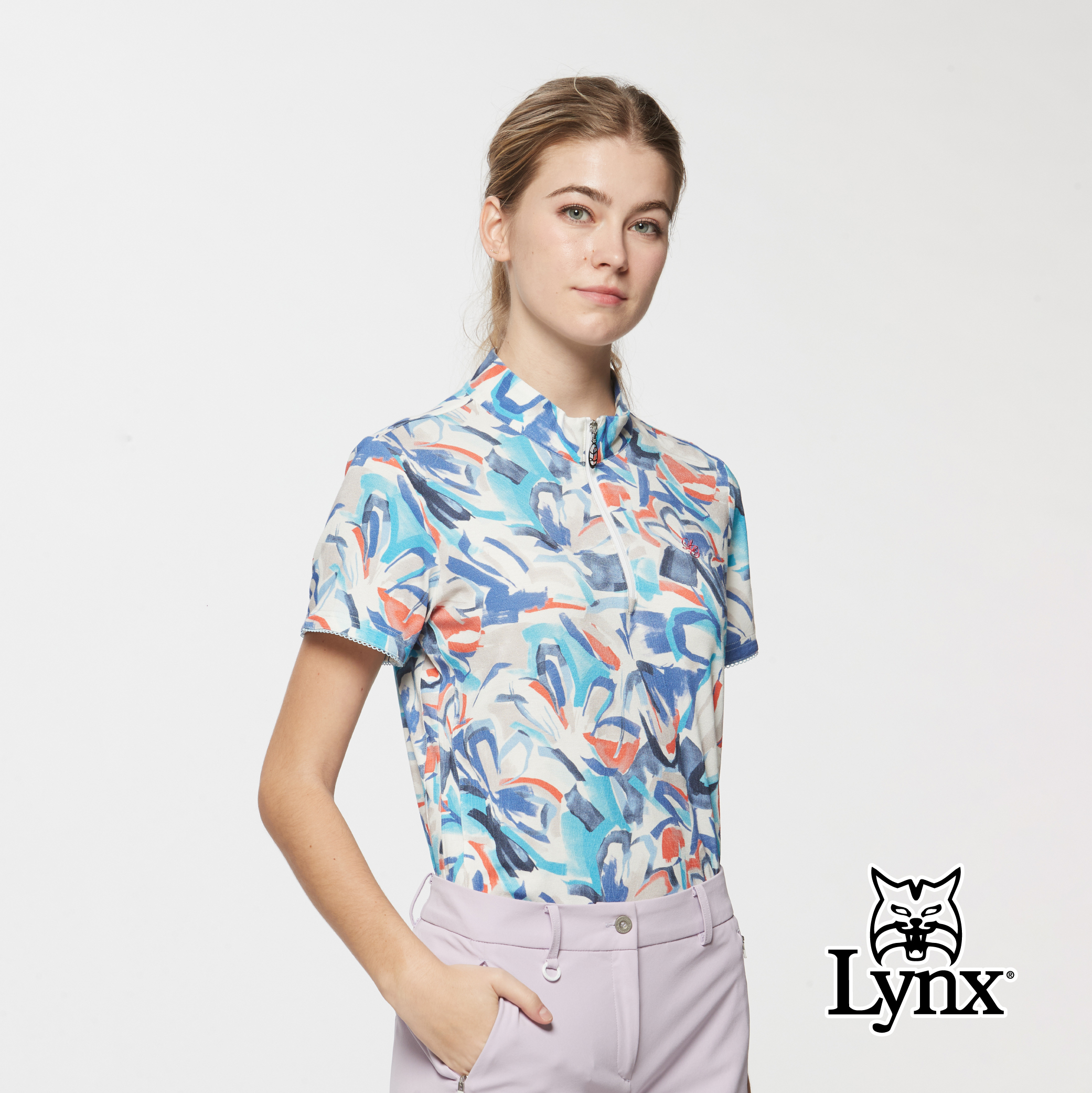 女款歐洲進口布料幾何印花下擺開杈立領短袖POLO衫