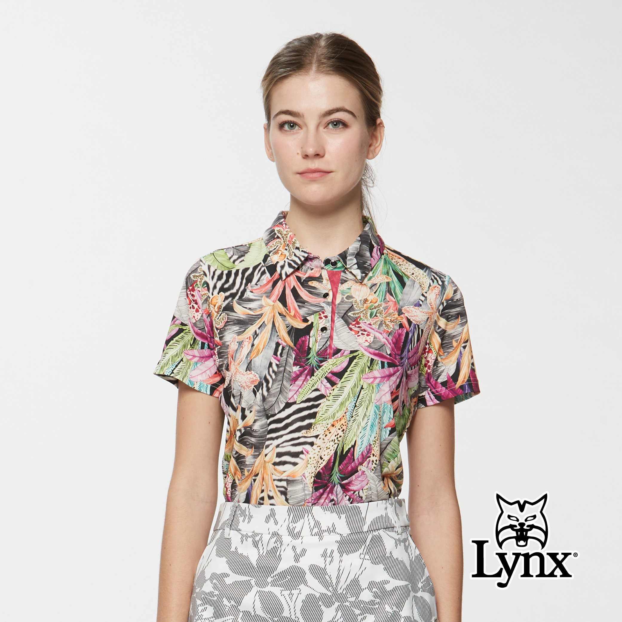 女款歐洲進口布料熱帶花卉印花下擺開杈短袖POLO衫