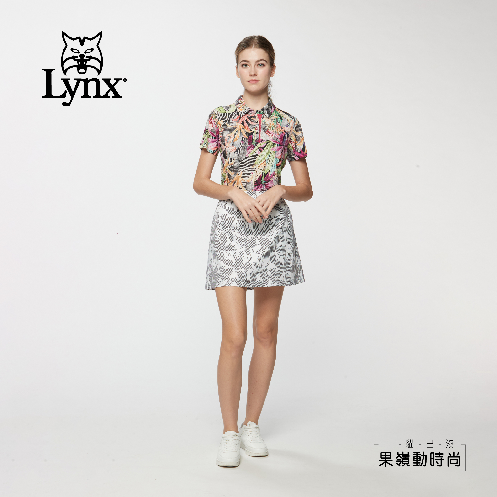 女款歐洲進口布料熱帶花卉印花下擺開杈短袖POLO衫