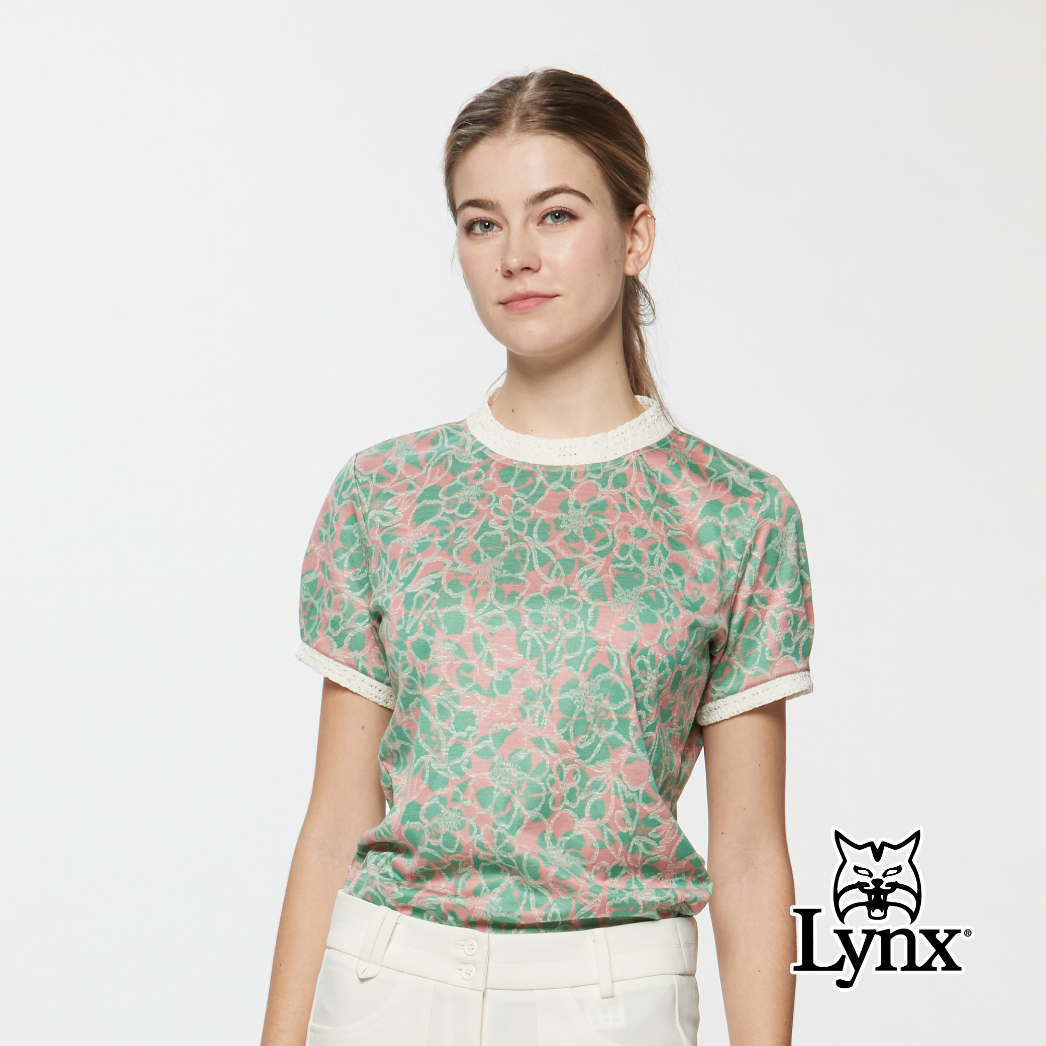 女款義大利進口頂級絲光棉滿版小花圖樣圓領上衣