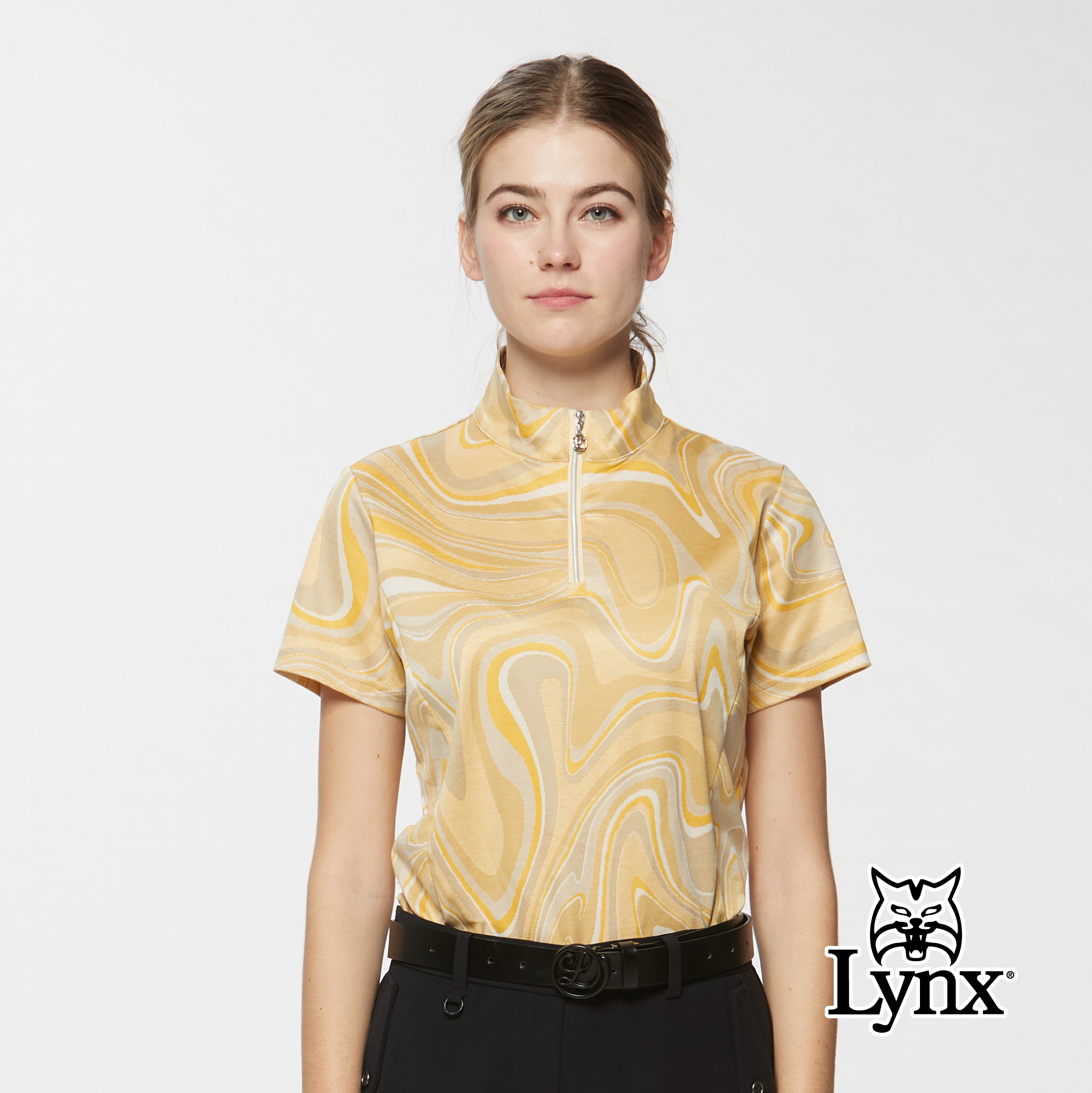 女款義大利進口頂級絲光棉滿版圖騰拉鍊短袖POLO衫