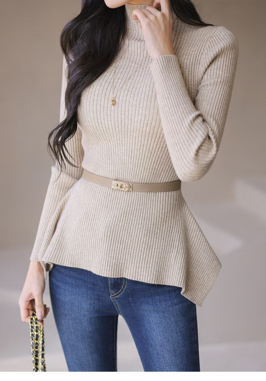 H1006🤎不規則下擺高領針上衣