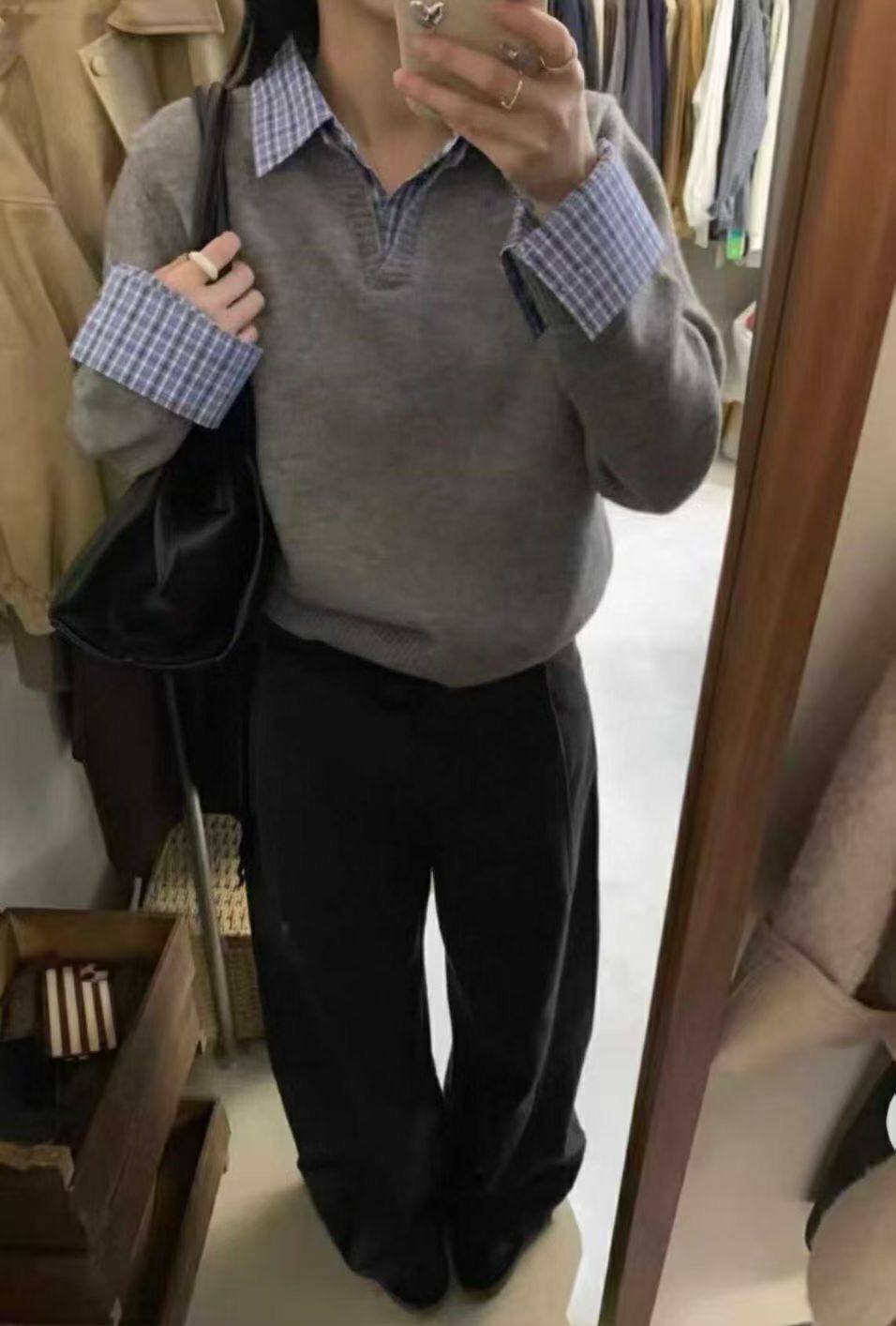 H1008🤎格紋襯衫拼接假兩件