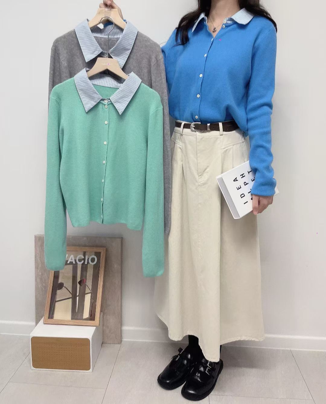 H1012🤎間紋襯衫領針織上衣