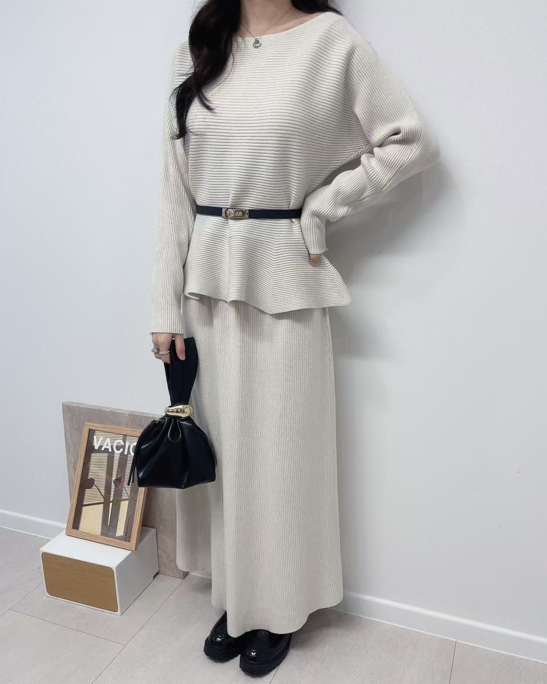 H1011🤎法式知性坑條紋針織套裝