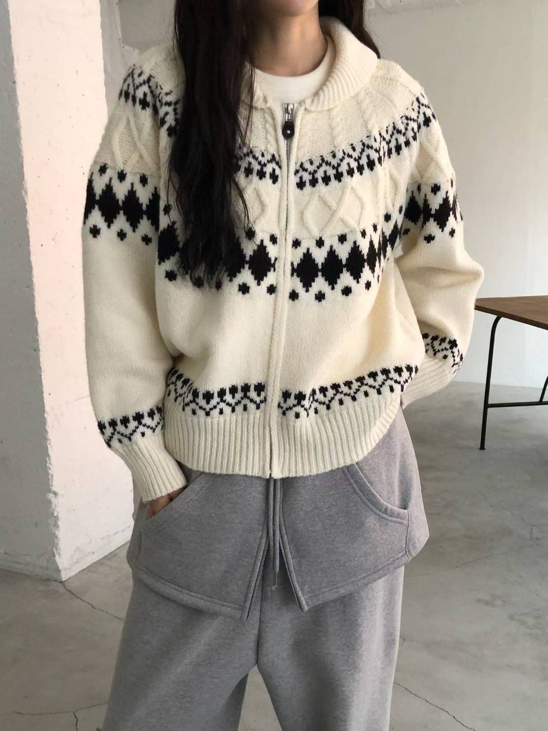 H1026🤎費爾島提花翻領拉鍊針織外套