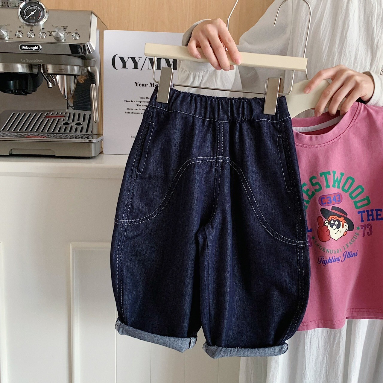 閉眼入ᝰ深藍色直筒寬鬆褲