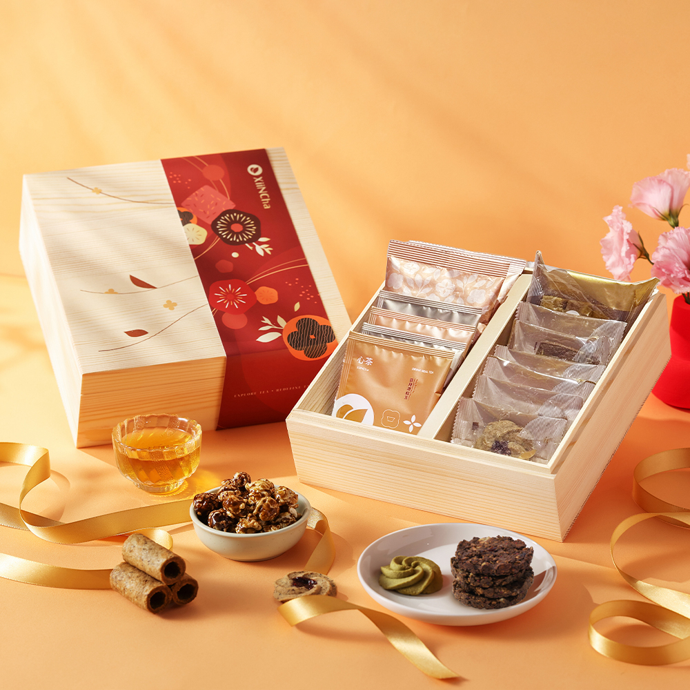【 喜餅 】悠綻 ｜方韻松木禮盒 - 茶點x茶包13入 / 茶點12入