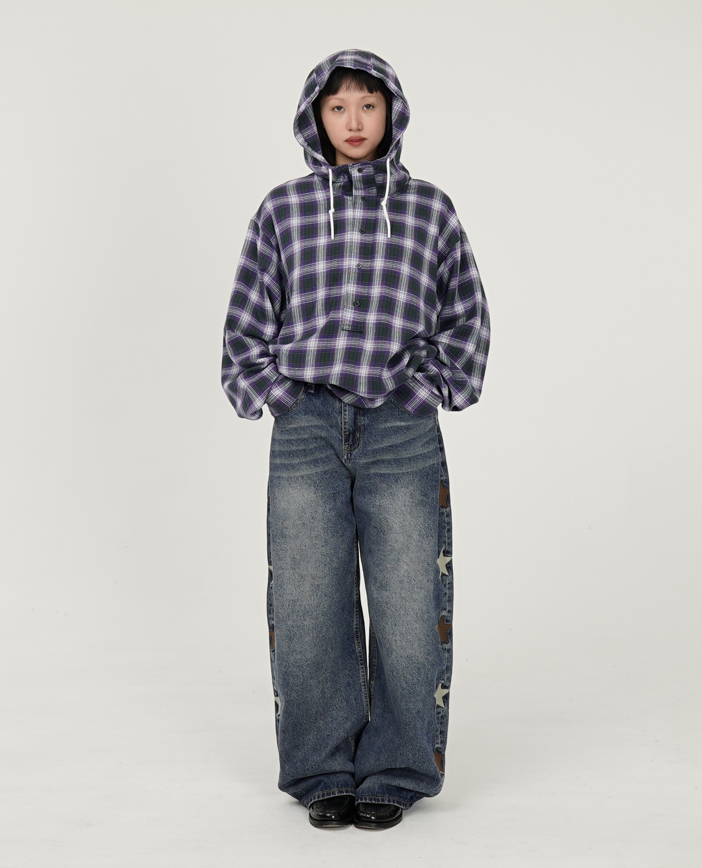 側刺繡星星刷色牛仔