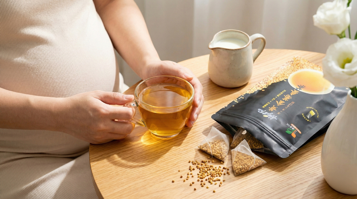 準媽咪手持一杯泡好的 High Tea 黃金蕎麥茶