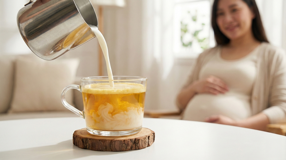 將熱牛奶倒入 High Tea 黃金蕎麥茶中製作成無咖啡因那堤