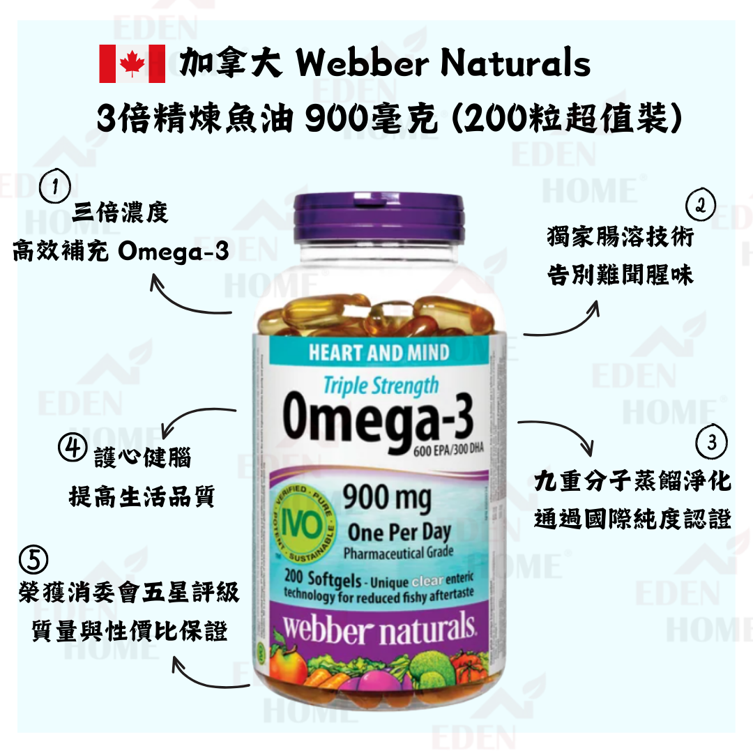 加拿大 Webber Naturals 3倍精煉魚油 900毫克 (200粒超值裝)