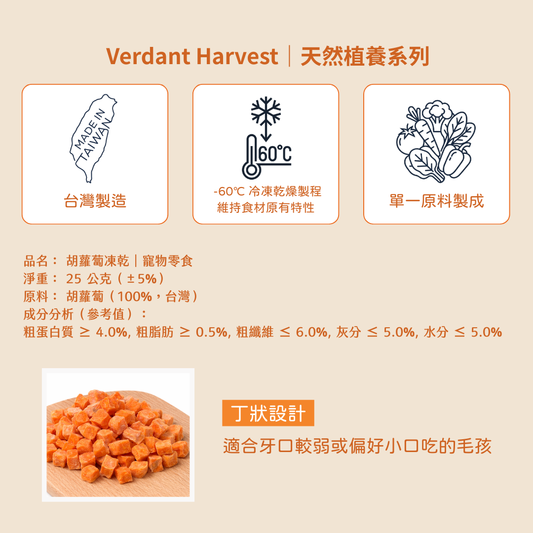 （售完待補貨）熟凍胡蘿蔔丁凍乾 Cooked Carrot Cubes｜25g
