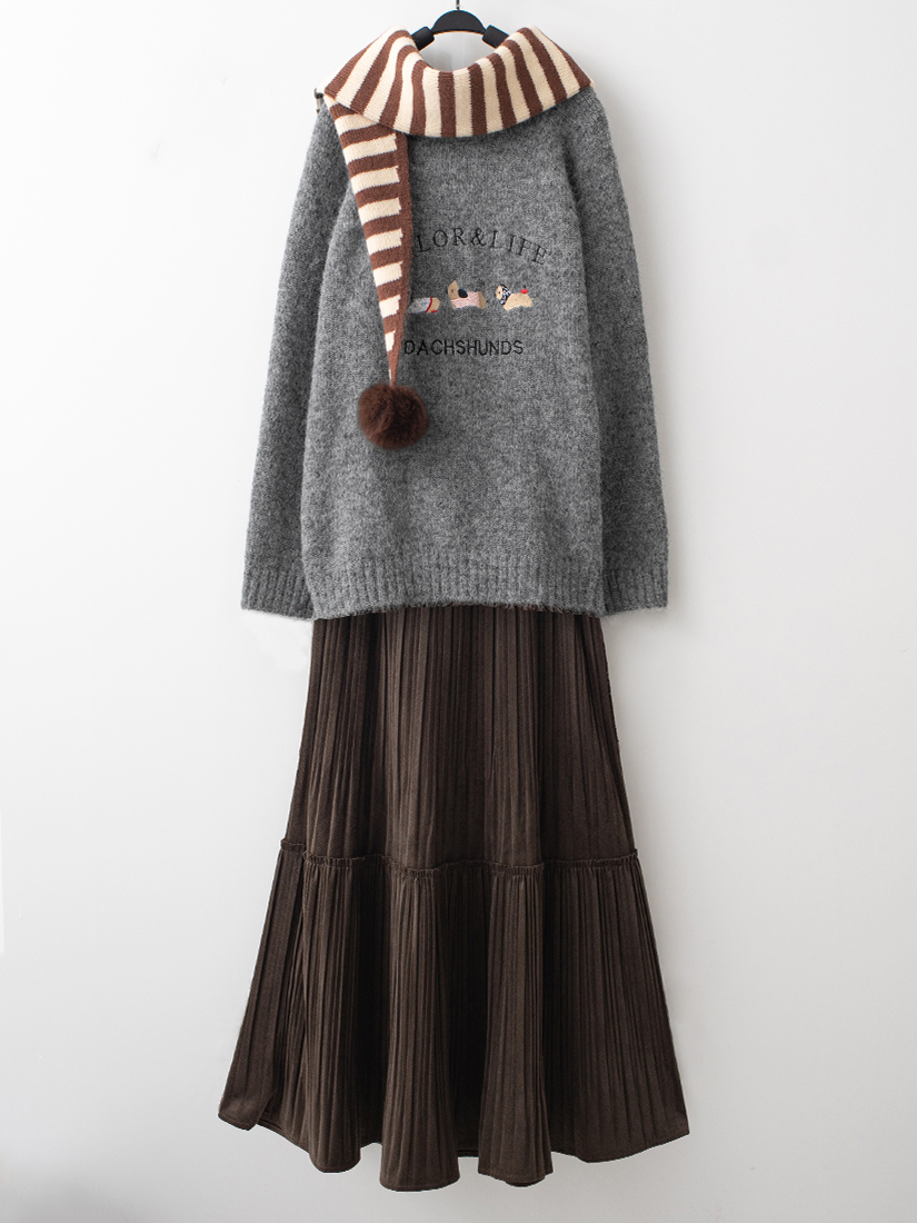 繡花鬆軟毛海針織毛衣印花剪接壓褶絨裙