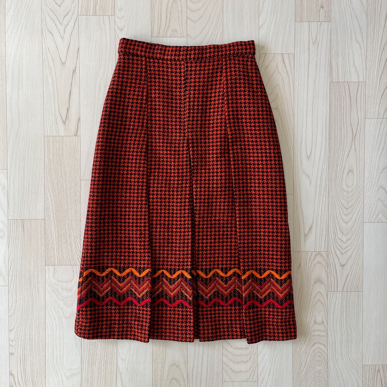 橙紅色千鳥格紋羊毛半裙