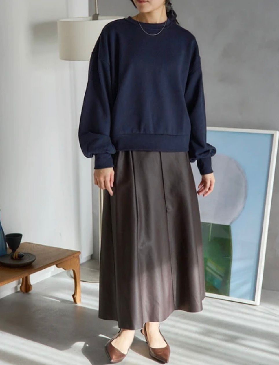 【預購】JN021306  Fake Leather Flare Skirt  人造皮革傘擺長裙