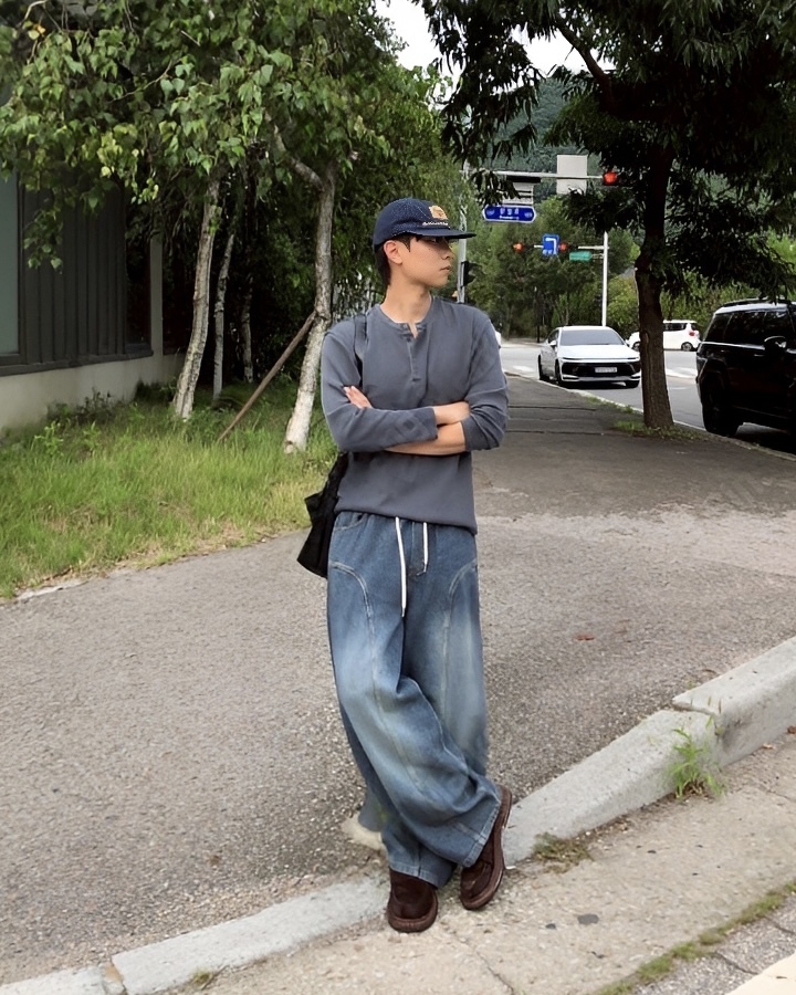 2色 車線 綁帶 燈芯絨 牛仔 長褲