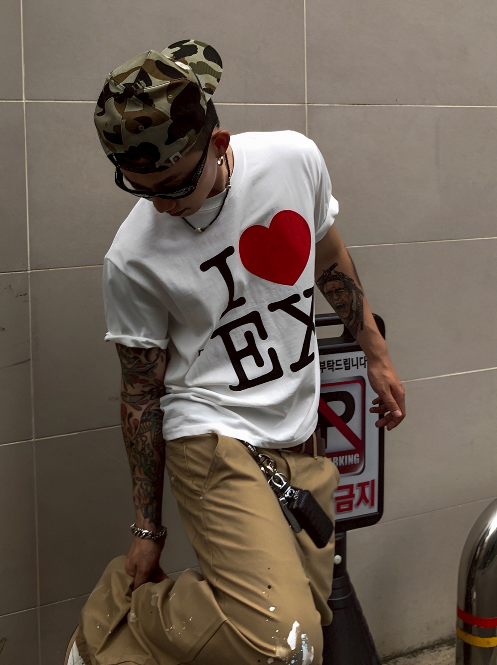 BOXY 雙色 純棉 愛心 寬短 短袖