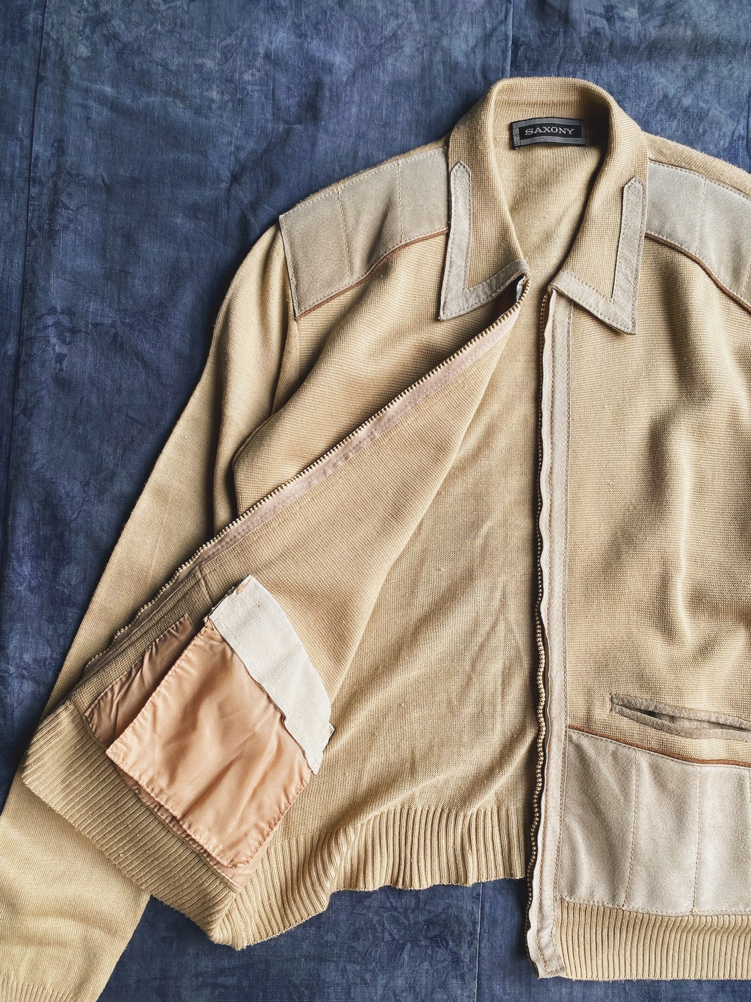 70-80s Suede Trim knit Jacket "SAXONY"/ 美式西部 麂皮拼接針織外套