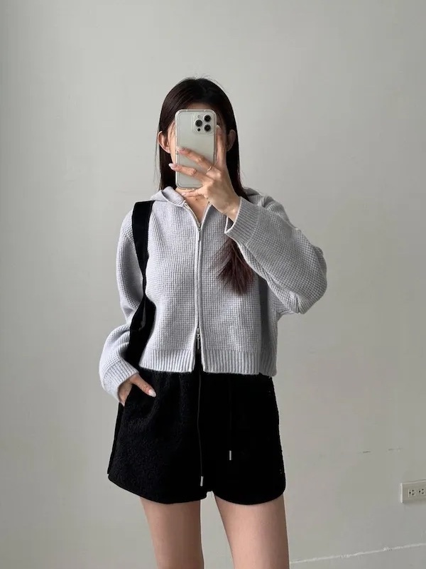 鬆餅格紋連帽拉鍊針織外套