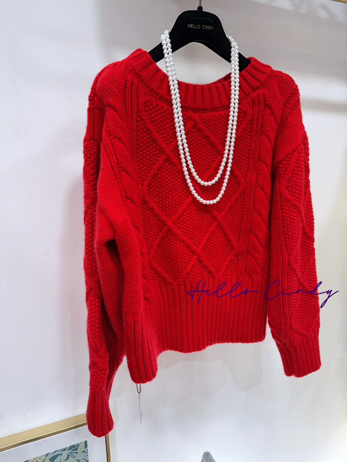 B02039 超甜美紅色菱格紋麻花針織毛衣