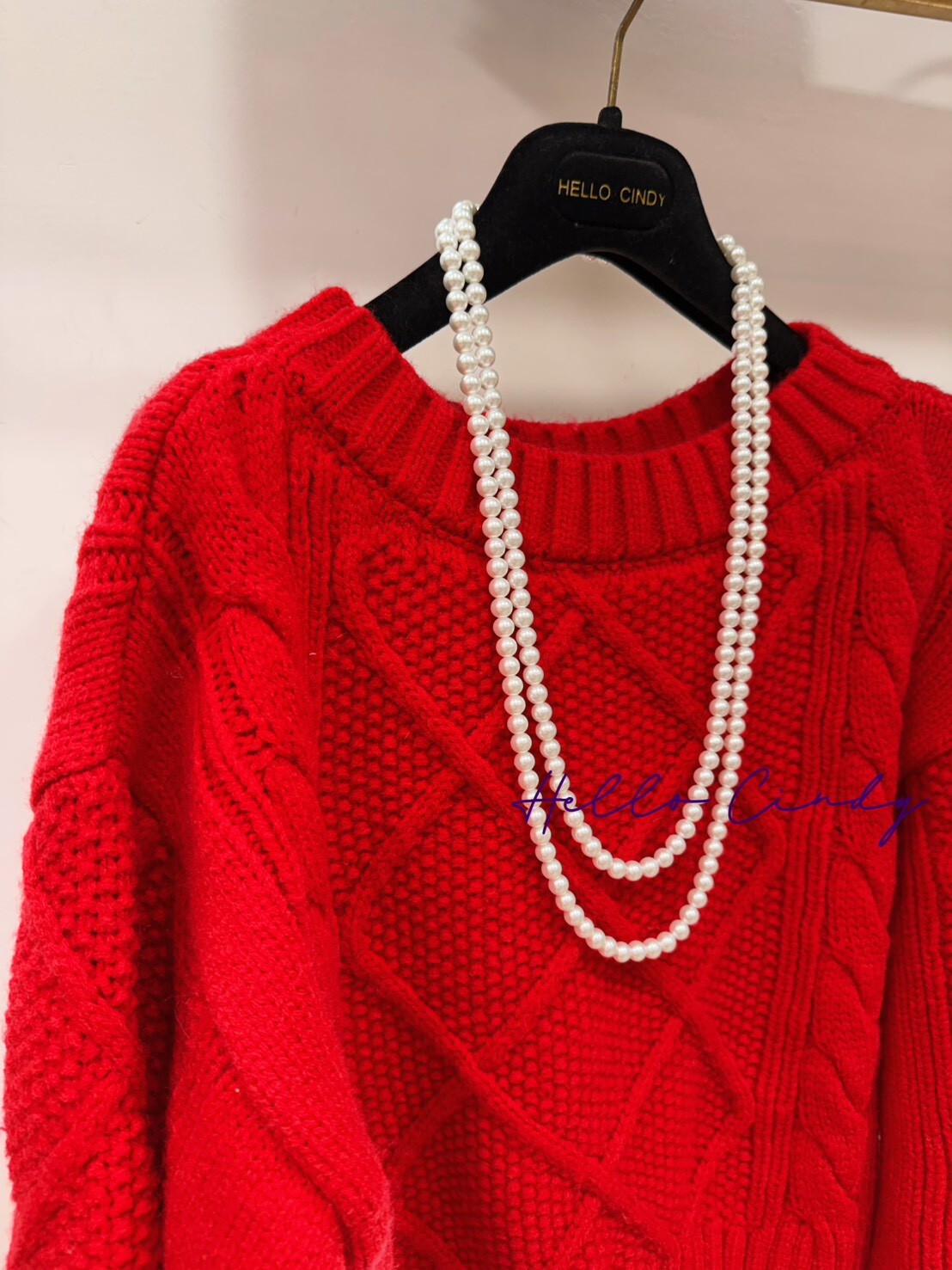 B02039 超甜美紅色菱格紋麻花針織毛衣