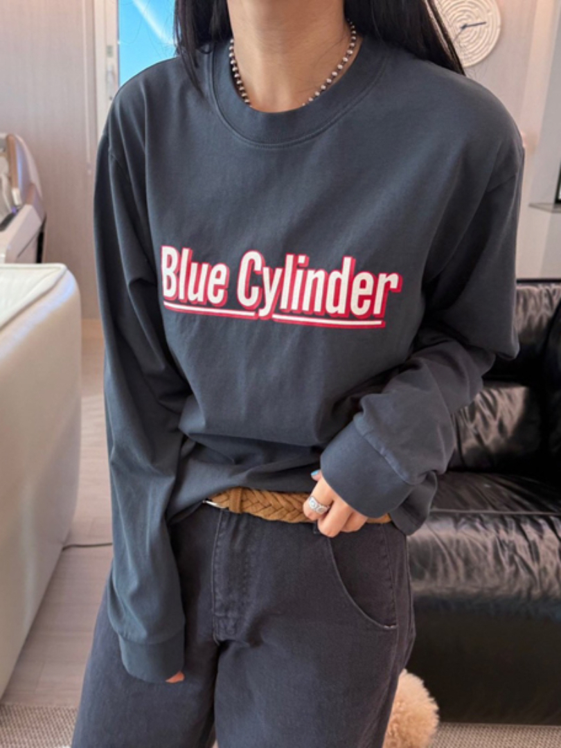 Blue Cylinder字母有磅數長袖棉T｜寬鬆顯瘦早春休閒穿搭