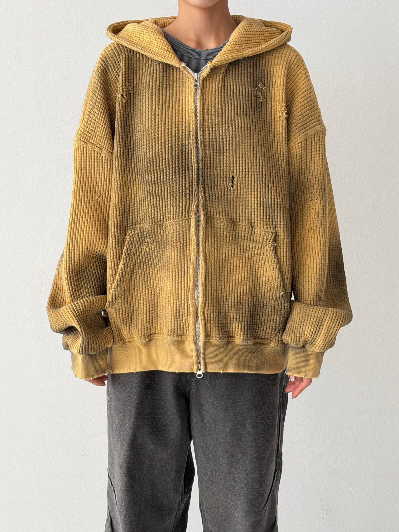 仿污連帽拉鍊針織外套 Hashtag-069JK