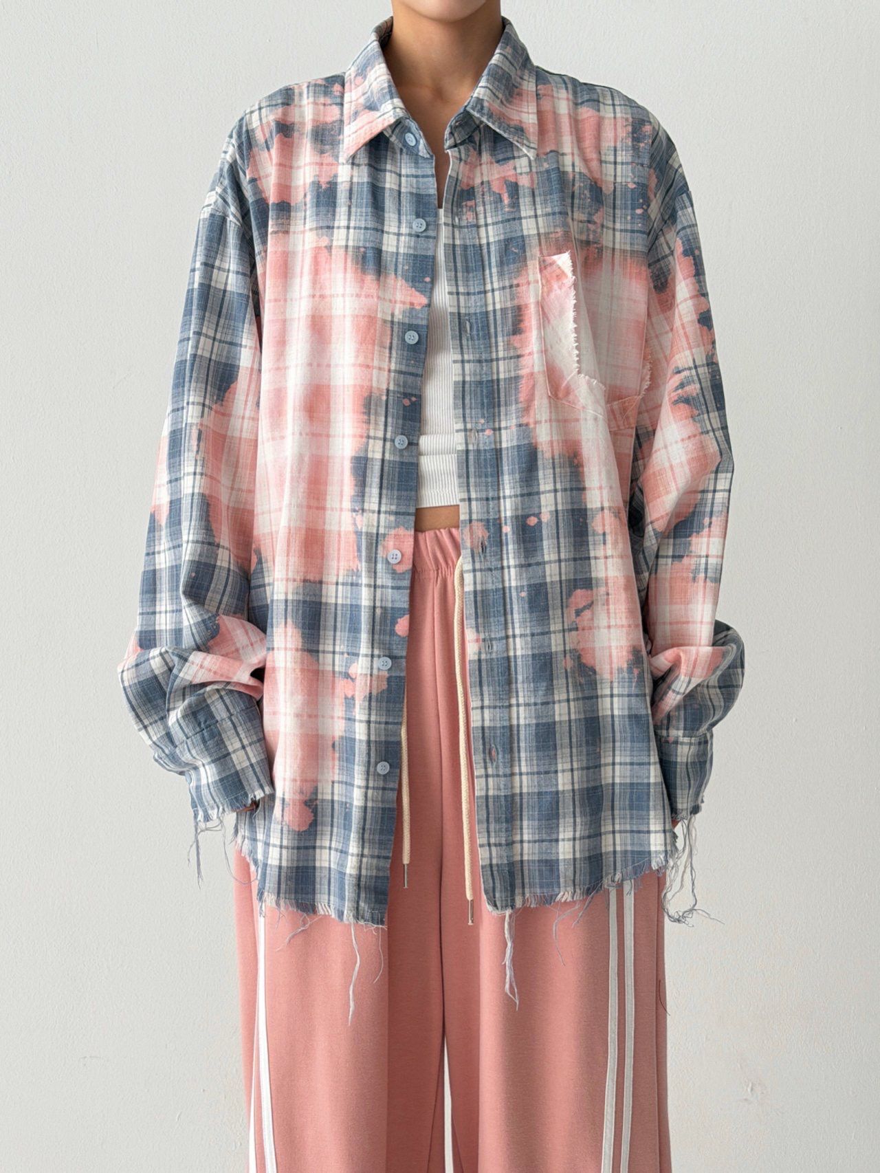 洗水拼色格仔長袖恤衫 Hashtag-070S