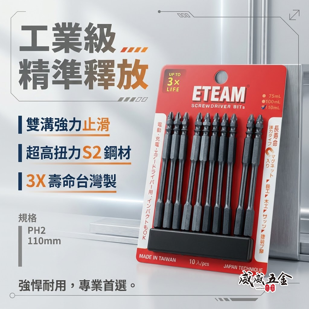 ETEAM 一等｜PH2 長 110mm 雙溝+止滑+高扭力起子頭｜防打滑 雙十字起子頭 雙十字頭｜V110