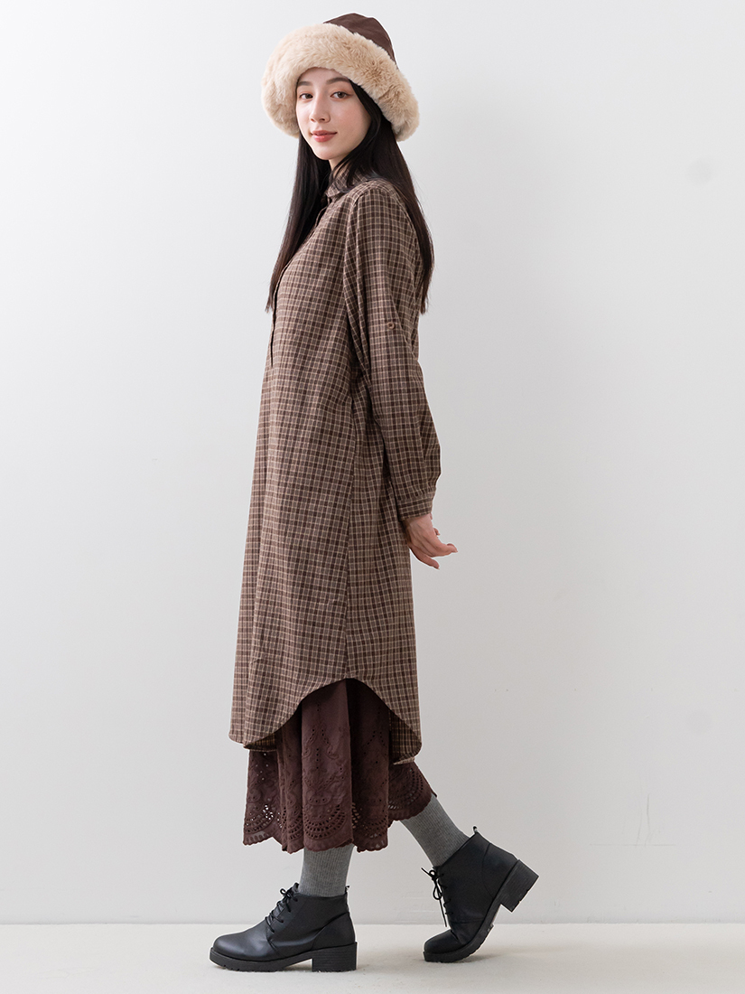 輕磨毛格紋洋裝繡花寬褲組合